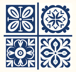 Blue floral tiles ornament. Traditional mosaic Portuguese azulejo motifs. Vintage Floor Tile geometric design with ornamental element