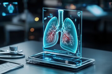 Poster - Digital rendering of human lungs on a screen.