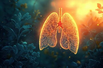 Poster - Glowing human lungs set against a dark, leafy background.
