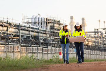 Two Engineers Reviewing Blueprint Plans at Industrial Facility, Wearing Safety Helmets and High-Visibility Jackets During a Site Inspection