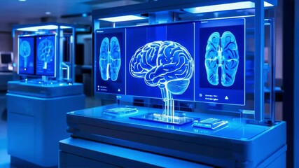 Poster - Advanced medical imaging technology in neon blue showcasing a series of brain MRI scans for neurological research and diagnostics in a clinical setting