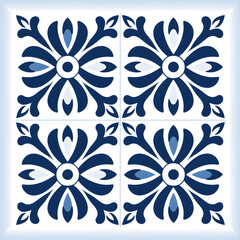 Blue floral tiles ornament. Traditional mosaic Portuguese azulejo motifs. Vintage Floor Tile geometric design with ornamental element