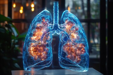 Poster - A 3D rendering of human lungs with glowing orange and blue colors.