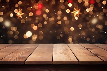 Poster - Empty wooden table backgrounds christmas lighting.