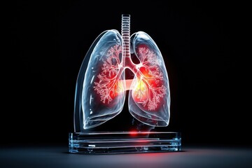 Poster - A 3D model of human lungs with red glowing areas.