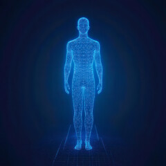 wireframe hologram of a man with glowing blue lines