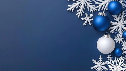 Poster - This design showcases a minimalist Christmas theme with striking blue ornaments and shimmering silver snowflakes on a dark navy background, perfect for festive greetings and messages