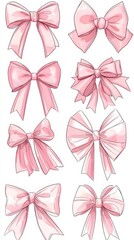 Sticker - All kinds of simple and cute baby pink bows, Multiple light pink bows in different sizes arranged equidistant, emoji pack, 8k 2D drawing cute illustration, soft color, white background 