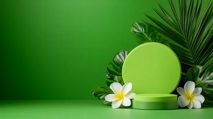 Sticker - Fresh Lime Green Podium with Tropical Leaves Decoration