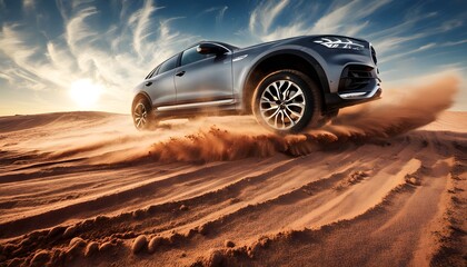 Wall Mural - Offroad Adventure: Car Tire Tracks Across Golden Desert Sand