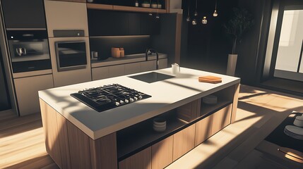 Modern Kitchen Island with Stovetop and Open Shelving