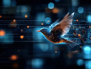 Fototapete - A digital bird flies through a network of data, representing freedom and connection.