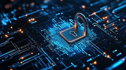 Poster - A padlock sits on a circuit board with glowing blue and orange lights.