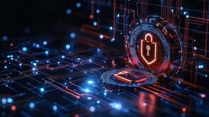 Poster - A glowing padlock symbol sits atop a digital circuit board, symbolizing cybersecurity.