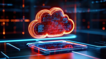 Fototapete - A glowing red cloud icon hovers over a glowing blue surface.