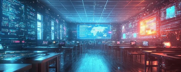Fototapete - A futuristic classroom with glowing screens and a digital world map.