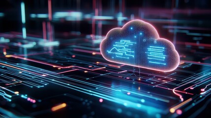 Fototapete - Abstract cloud computing concept with glowing lines and a cloud icon.