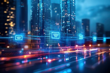 Poster - A futuristic city skyline with glowing wifi icons.