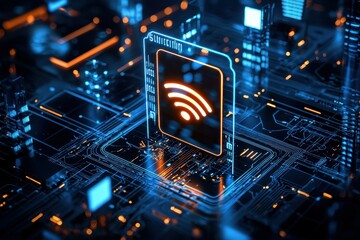 Fototapete - Wireless signal icon glowing on a circuit board.