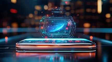 Fototapete - A futuristic glowing graphic sits atop a phone screen.