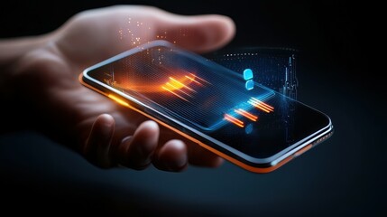 Fototapete - A hand holding a smartphone with glowing digital lines emanating from the screen.