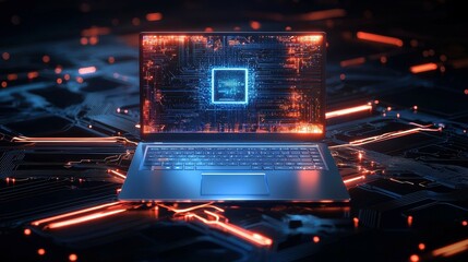 Fototapete - A close-up of a modern laptop with a glowing circuit board pattern on the screen.