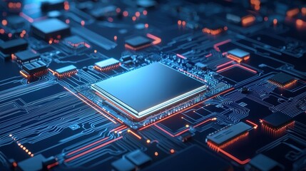 Poster - Close up of a computer motherboard with glowing red and blue lights.