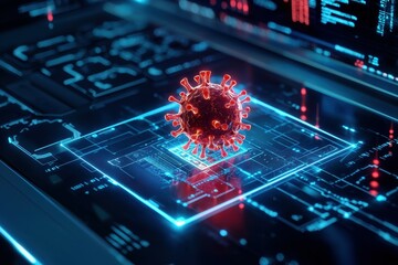 Poster - A red virus sits on a glowing blue circuit board.
