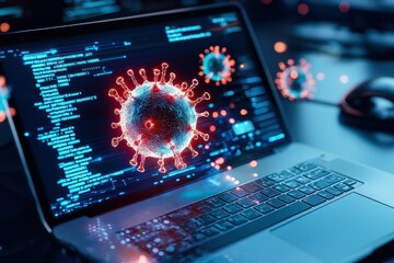 Poster - A virus graphic appears on the screen of a laptop.