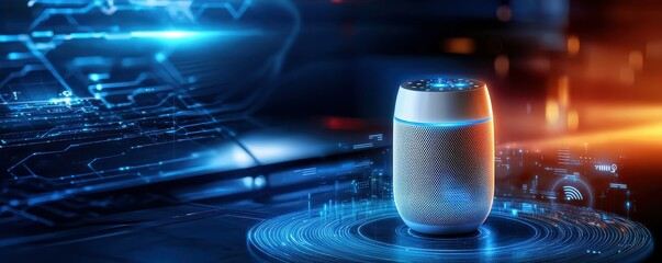Poster - A white smart speaker with blue lights on a digital background.