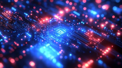 Poster - Colorful abstract close-up of a circuit board illuminated with blue and red lights at night
