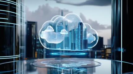 Poster - A futuristic cityscape inside a transparent cloud.
