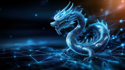 Poster - A digital blue dragon with glowing eyes stands on a network of glowing lines.