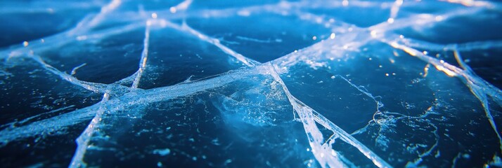 Wall Mural - Close-up view of cracked shattered ice surface panoramic scene
