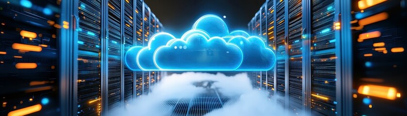 Fototapete - Blue cloud icon glowing over a server rack.