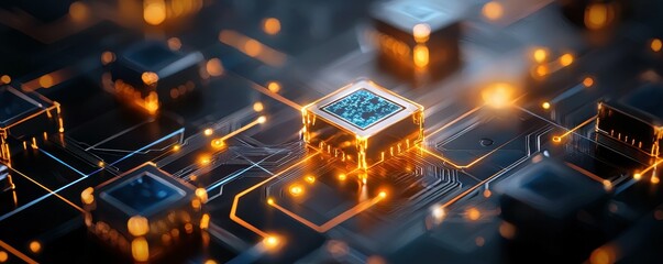 Poster - A close-up of a circuit board with glowing orange lights.