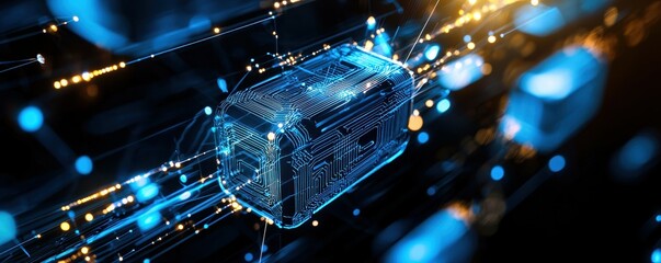 Fototapete - A digital box glows with blue light and lines in a dark setting.