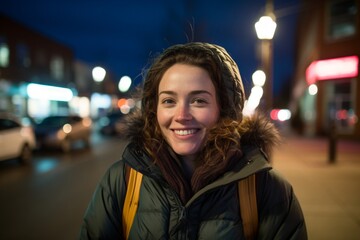 Wall Mural - Portrait of a grinning woman in her 30s sporting a quilted insulated jacket in bustling city street at night