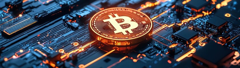 Fototapete - A Bitcoin coin on a circuit board, representing the digital currency and its technology.