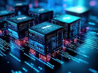 Fototapete - Abstract image of glowing computer processors, futuristic technology.