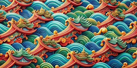 Poster - Elegant Chinese Wave Pattern Design in Vibrant Colors for Traditional and Modern Aesthetic Projects