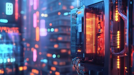 Poster - A close-up of a server with glowing lights in a data center environment.