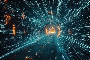 Poster - Abstract digital tunnel with glowing lines.