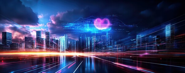Poster - A futuristic cityscape with a heart-shaped icon in the sky, representing love, technology, and innovation.