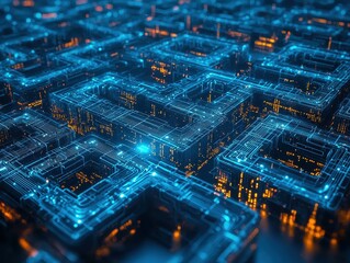 Fototapete - Abstract digital network with glowing blue and orange lines.