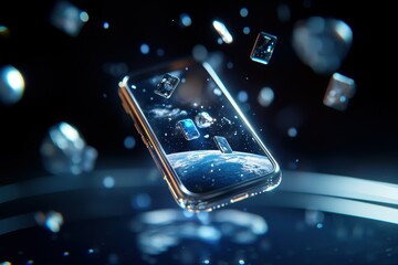 Poster - A futuristic smartphone levitating with a space background and glowing icons.