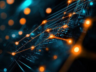 Fototapete - Abstract digital network with glowing lines and dots.