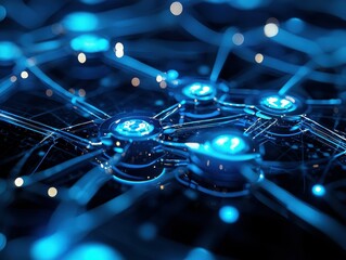 Fototapete - Abstract digital network with glowing blue lights.