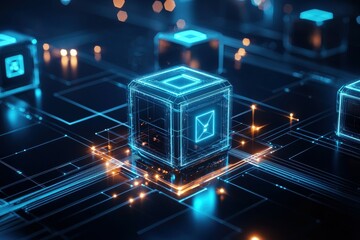Fototapete - Blue glowing cubes with a digital mail icon, sitting on a circuit board.