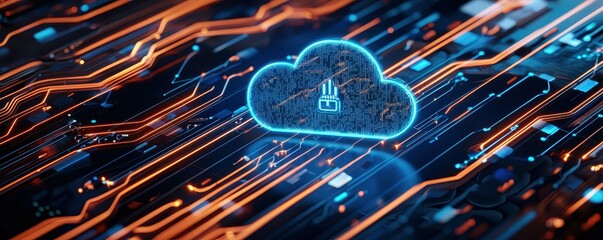 Fototapete - A glowing cloud computing icon hovers over a circuit board.